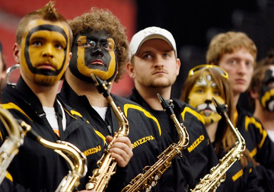 Mizzou band reacts to an impending loss in the NCAA tournament.