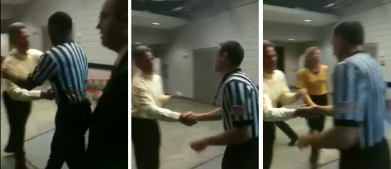 Mike Alden shakes the hands of each referee after a generously called game.