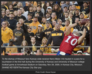 Kerry Meier catches the game winning touchdwon in front of Mizzou fans.