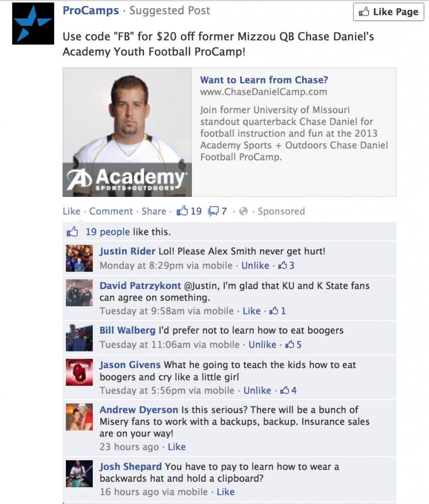 Chase Daniels ad for his skills camp is met with sarcasm from local fans.